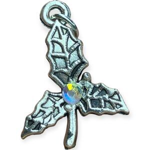 Vintage Silver Tone Metal Holly Leaf Charm 1 Inch Aurora Borealis Rhinestone